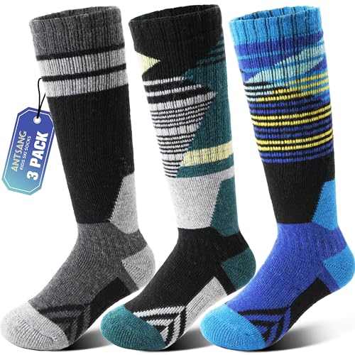 ANTSANG Kids Merino Wool Ski Socks 3 Pairs Boys Girls Thermal Warm Thick Winter Cushioning Socks for Snowboarding Skiing