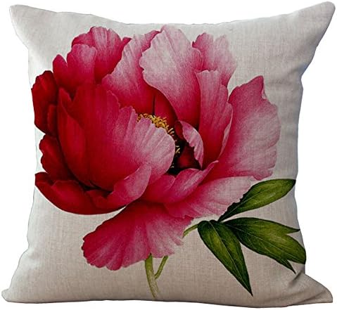 Sunshine06 Beautiful Flowers Pattern Vintage Cotton Linen Square Throw Pillow Case Decorative Cushion Cover Pillowcase Cushion Case for Sofa Bed Chair18 X 18 Inch (Red Peony)