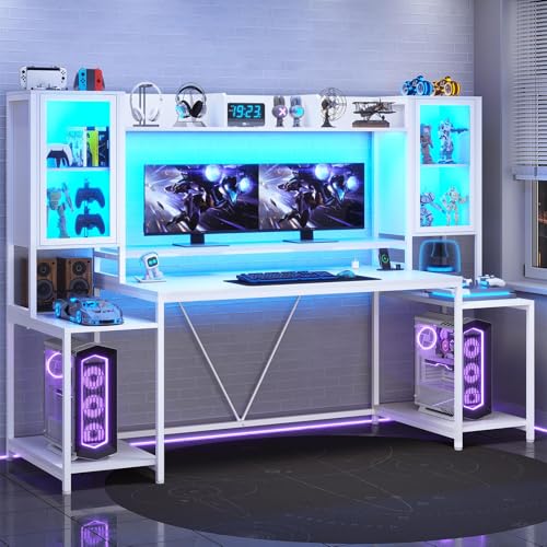 Escritorio gamer 190cm, escritorio para computadora con soporte para monitor, mesa para juegos con luces LED, mesa para PC con cajón y estantes de almacenamiento para dormitorio y sala de estar Blanco