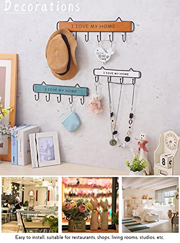 Wall-Mounted Coat Rack, 15-inch Wooden Shelving Hook Storage Key Holder with 5 Metal Hooks for Keys Towel Clothes Hats Bags Mudroom Bathroom Entryway, (2 Packs, Blue)