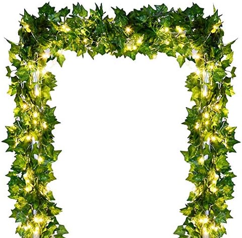 Yaoqiaoji Artificial Ivy Garland Fake Plants 84 Ft 12 Pack Hanging Vines Plant Leaves Garland with 60 LED String Light, Fake Greenery Decor for Home Kitchen Garden Office Wedding Wall