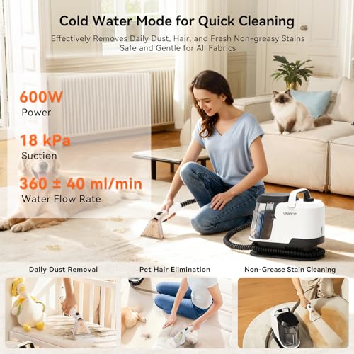 Uwant Y100 Steam 3-in-1 Carpet Spot Cleaner, 18Kpa 1750W 100℃ Steam/65℃ Hot/Cold Modes, Handheld Upholstery Cleaner Machine for Spills/Pet Messes/Sofa/Car/Stairs, Self-Cleaning Function Dual 1.2L Tank