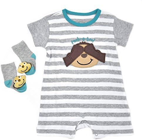 Baby Boys' Peek a Boo Romper 2pcs Set, Peek a Boo Monkey, Gray Stripes, 18M