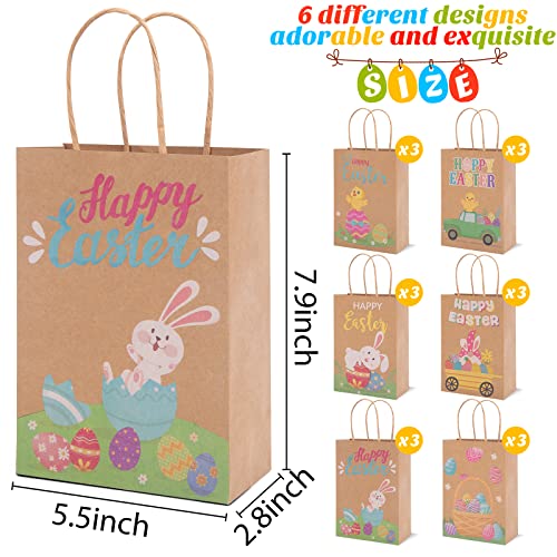 TOXOY Easter Gift Bags with Handles, 18PCS Easter Kraft Paper Bags Goodie Treat Bags for Kids Easter Party Favors Candies Cookies Toys