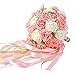 Febou Bridal Bouquet - Artificial Roses, Lace Pearl Ribbon, Perfect for Weddings, Church, Parties & Home Decor (Long Ribbon, White+Pink)