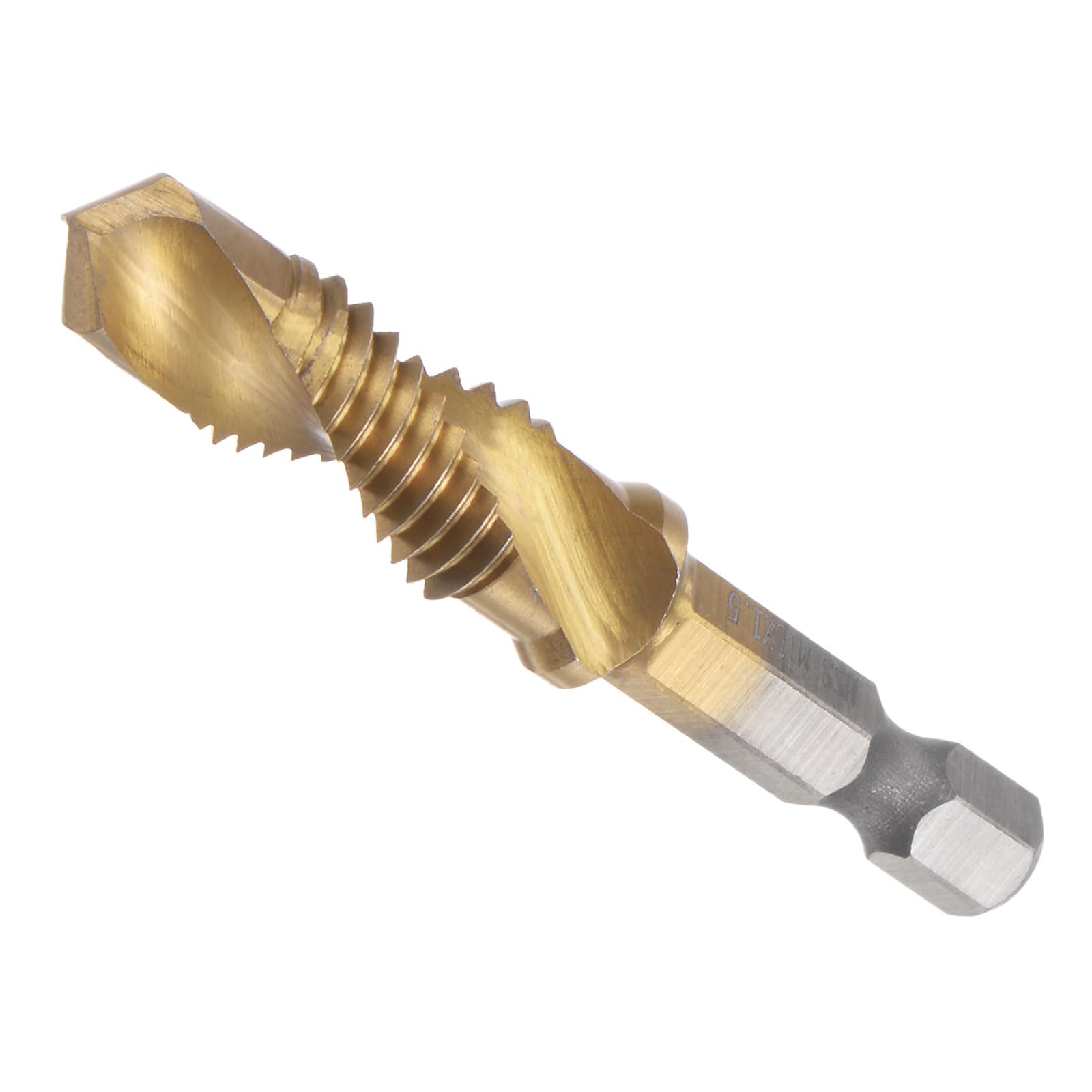 CoCud Combination Drill and Tap Bit, M10 x 1.5 Thread Size 1/4" Hex Shank, 4341 Titanium Coated High Speed Steel Tools - (Applications: for Aluminum Stainless Steel Plastic)