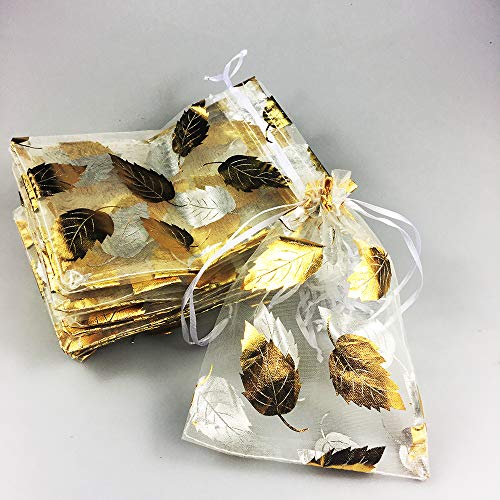 COTOSEY 100PCS 5x7 (13x18cm) Drawstring Organza Jewelry Favor Pouches Wedding Party Festival Gift Bags Candy Bags (5x7, White-Gold Leaf)