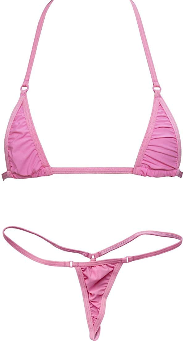 Czizi Women Micro G-String Bikini 2 Piece Sliding Top Thong Small Bra (Pink)