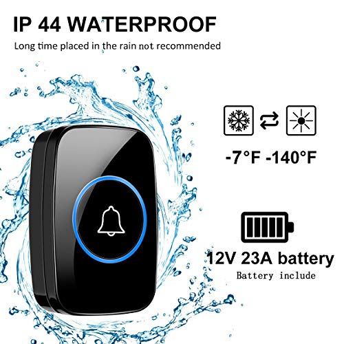 Wireless Doorbell, FullHouse Waterproof Door Chime Kit Includes Push Button Transmitter and Plug-In Receiver, Over 1000 feet Range, CD Quality Sound and LED Flash (2 Transmitter + 3 Receiver Black) - Thumbnail 2