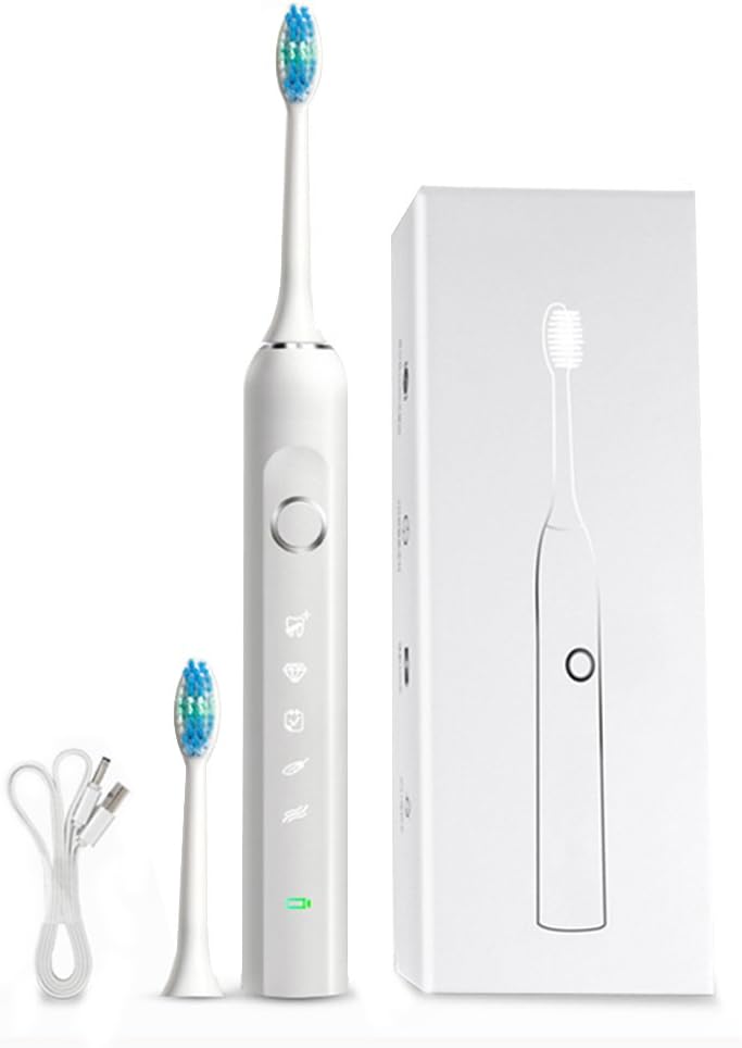 Intelligent Waterproof Sonic Electric Rechargeable Toothbrush, Five Clean Modes, 37000-Times/Minute High Frequency Vibrations, Charge 6 Hours Can Last Up to Use 100 Days (White)