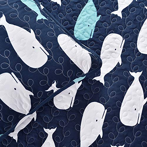 Lush Decor Whale Kids Reversible 4 Piece Quilt Bedding Set with Sham and Decorative Throw Pillows, Twin, Navy