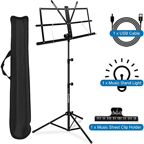 Music Stand, Kasonic Professional Collapsible Orchestra Portable and Lightweight with LED light, Music Sheet Clip Holder and Carrying Bag Suitable for Instrumental Performance (Black)
