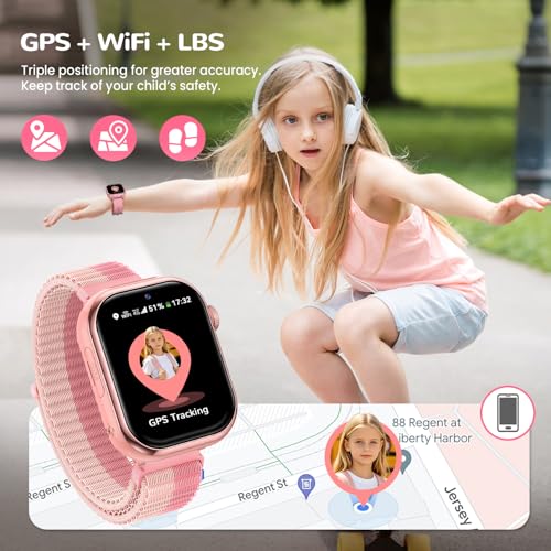 4G Reloj Inteligente Niños con gps y Videollamada, Smartwatch Niños con llamadas, Chat de Voz, SOS, Modo Escuela, Despertador, IP68, Linterna, Podómetro, Flashcard, Regalo para Niños Niñas, Rosa