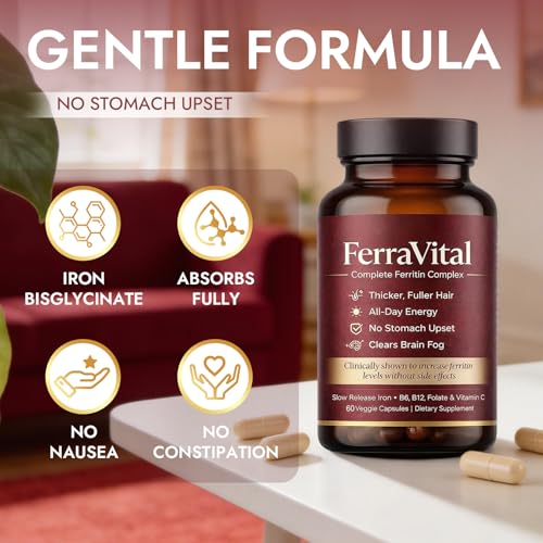 FerraVital Ferritin Support Iron Supplement for Women – Supports Healthy Iron & Energy Levels – with Ferrous Glycine,Vitamin C, B12, B6, Folate, Zinc & Probiotics – 60 Capsules(1pc)