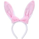 Glitinsel Pink Bow Bunny Ears Headband Plush Rabbit Ear Hairband Coquette Easter Costume Accessory for Holiday Party Cosplay