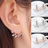 Fashion Silver Plated Leaf Crystal Ear Jacket Double Sided Swing Stud Earrings Gift