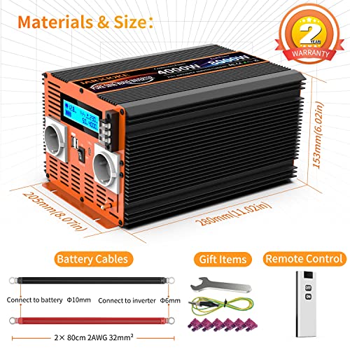 Inverter 12 V 220 V Pure Wave 4000 W Power Inverter 12 V to 220 V Power Converter with Remote Control & Dual AC Sockets & 2 x USB & Type-C Port for Car Camper