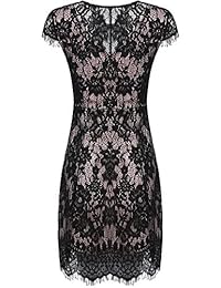 Romwe - Vestido de encaje para mujer, cuello en V, línea «A», manga corta