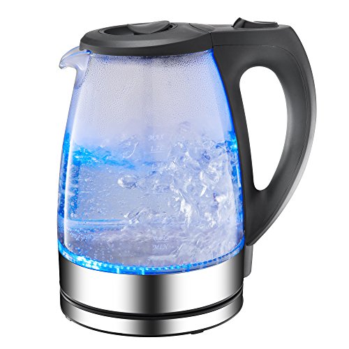 Click Here to See More Images Electric Kettle, 1500W Fast Boiling Glass Tea Kettle (BPA-Free) with Blue LED Light, Auto Shut-Off and Boil-Dry Protection, 1.7 Liter Capacity