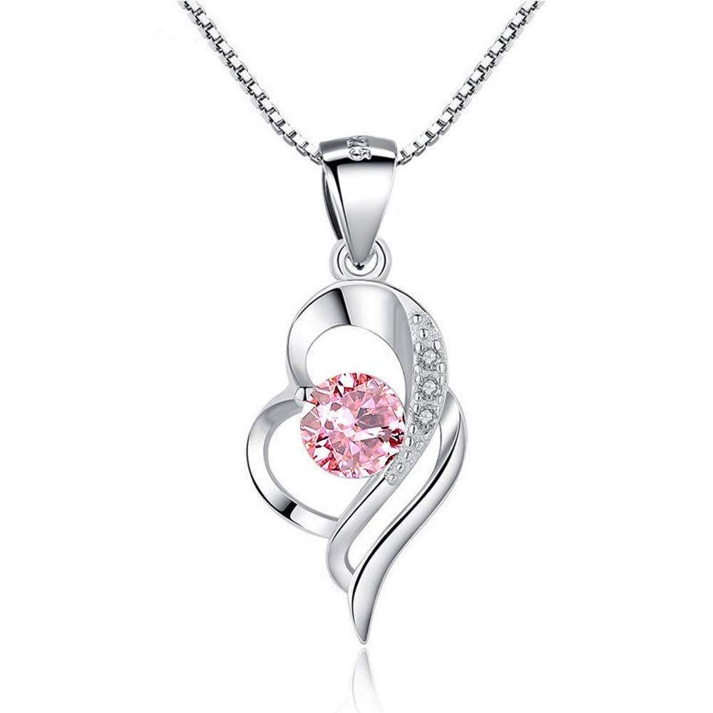 Kamise Silver Necklaces for Women, 925 Sterling Silver Necklace with Pink Zirconia, 45cm Hypoallergenic White Gold Necklace Chain with Heart Teardrop Pendant, Love Jewellery Gift for Mother Girlfriend — image 1