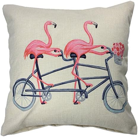 Soo Angeles Cotton Linen Square Decor Throw Pillow Case Cushion Cover Pink Flamingo with Bicycle Style 18 X 18 Inch