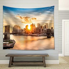 Brooklyn Bridge and The Lower Manhattan Skyline at Sunset as Viewed from Manhattan Bridge - Fabric Wall Tapestry Home Decor - 51x60 inches