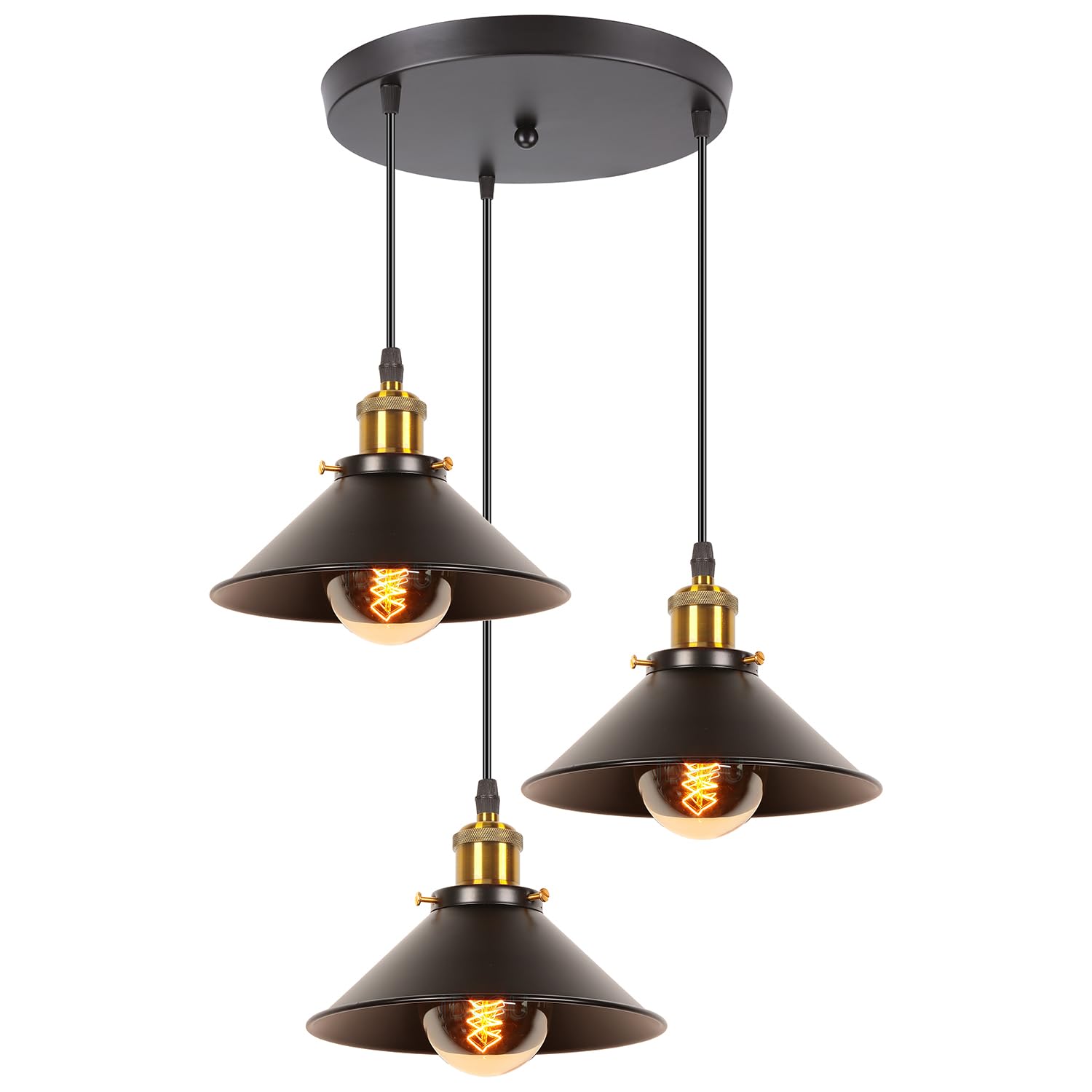 iDEGU Industrial Pendant Lamp Shapes, 3 in 1 Vintage Edison Style Metal Pendant Light Shades for E27 Ceiling Lights for Kitchen Bar Loft - Ø22cm, Black (Black Round)