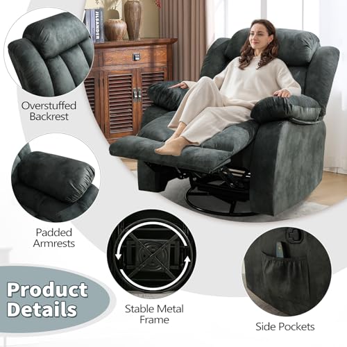 ANJ Classic Manual Swivel Rocker Recliner Chair with Massage and Heat, Rocking Recliners for Adults with Side Pocket, Single Overstuffed Heavy Duty Reclining Sofa Chair for Living Room,Bedroom,Grey