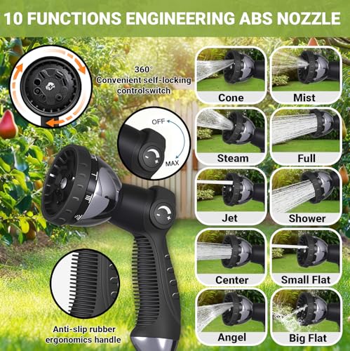 50FT Garden Hose – Expandable Garden Hose with10 Pattern Spray Nozzle, Aluminum Alloy Copper Plated 3/4 inch Connector – Lightweight, Durable, and Kink-Free, Retractable Water Hoses Black