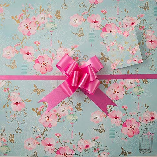 Pink Flowers on Green, Gift Wrap Pack, 2 Sheets, 2 Tags and 2 Cerise Pull Bows, Arrives in an A4 Boarded Envelope for Protection, Female Ladies Birthday Gift, Present,