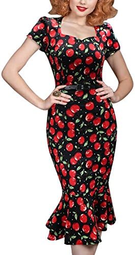 Totina Women's Vintage 1950s Pinup Mermaid Party Cocktail Evening Wiggle Dress S Black Red Cherry