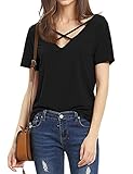 Haola Women's Summer Cross Front Tops Deep V Neck Casual Teen Girls Tees T Shirts L Black