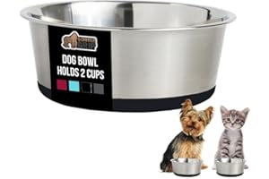 GORILLA GRIP Dog Bowls, Holds 2 Cups Each (16 fl oz), Heavy Duty Stainless Steel Food and Water Bowl for Feeding Dogs and Cats, Dishwasher Safe, Rust Resistant, BPA Free Rubber Base, Set of 2 Black