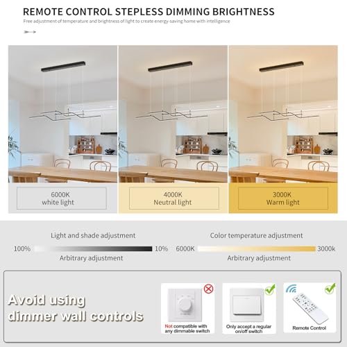 Siittoo Moderna lámpara colgante negra, lámpara de araña LED regulable de 45 W con control remoto, lámpara colgante lineal de 3 ondas de luz para comedor, cocina, isla de restaurante (52 pulgadas)