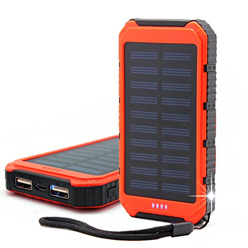 Solar Charger Solar Power Bank 10000mAh Portable Rugged Dual USB Solar Phone Charger Solar Power Charger Backup External Battery Power Pack Constructed with Solar Panel for Emergency (Orange)