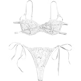 Lilosy Sexy Tie Side Cute Underwire Push Up Strappy Embroidered Mesh Sheer Lingerie Set