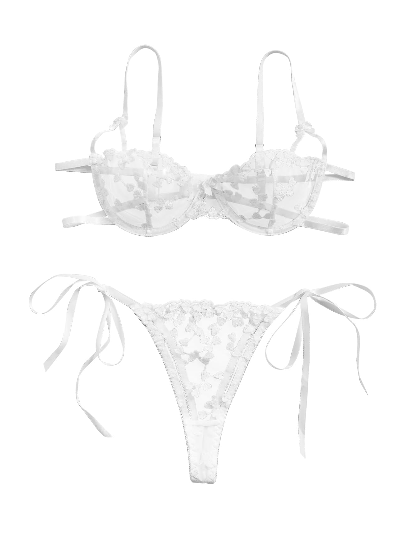 Photo 1 of Lilosy Plus Size Cruvy Sexy Tie Side Cute Underwire Push Up Strappy Embroidered Mesh Sheer Lingerie Set Women See Through Bra and Panty 2 Piece Bow White XX-Large
