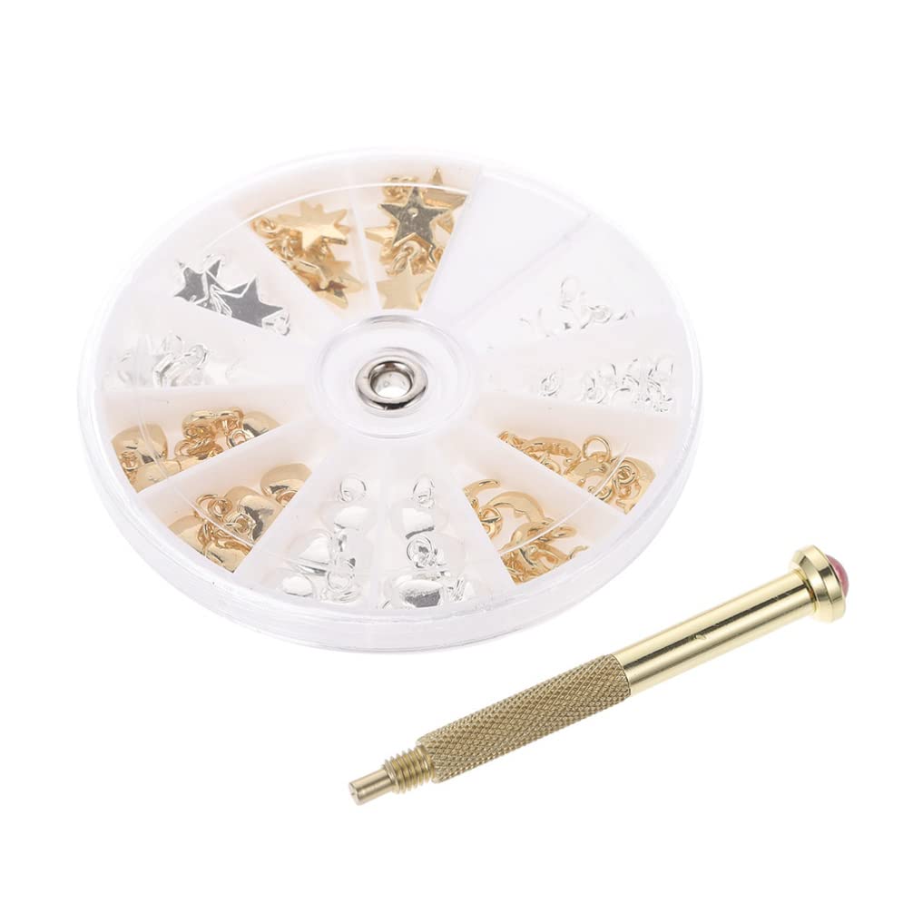 Lurrose 1 Set Dangle Nail Charms Alloy Letter Nail Piercing Charms Rhinestone Nail Rings Crystal Metal Nail Charms Nail Jewelry with Nail Piercing Tool Hand Drill for Nail Tip Decoration