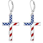 Patriotic 4th of July Earrings for Women Cross Fourth of July American Flag Earrings Dangle Sterling Silver Red White and Blue Veterans USA Independence Day Gifts