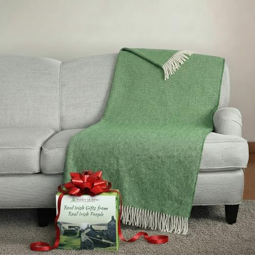 Biddy Murphy Merino & Cashmere Wool Throw Blanket,54x71in Green Herringbone | Made