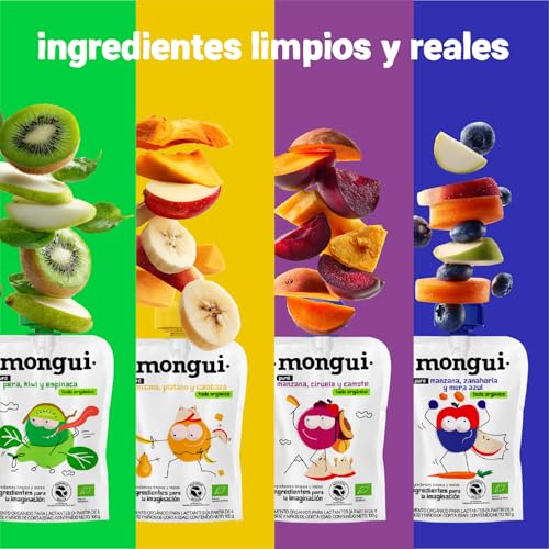 Snack orgánico para peques | Pack 16 pouches Mix Vegetales 4 Recetas – Kiwi, Espinaca, Butternut, Ciruela, Camote, Zanahoria, Mora Azul | Empresa B | MONGUI