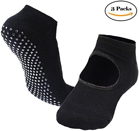 Non Skid Socks Non-Slip Cotton Socks with Grips for Pilates Barre Bikram Dance Medical Daily Use - Multiple Colors Available Black (3-Pack)