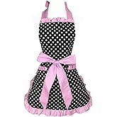 Hyzrz Cute Apron Retro Black Polka Dot Retro Ruffle Side Vintage Cooking Aprons with Pockets for Women Girls (Side Pink)