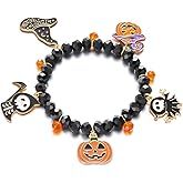 YIQPKUM Halloween Enamel Pumpkin Bracelet Crystal Beads Witchy Hat Skull Jewelry Festival Charms for Women Statement Accessories Gifts