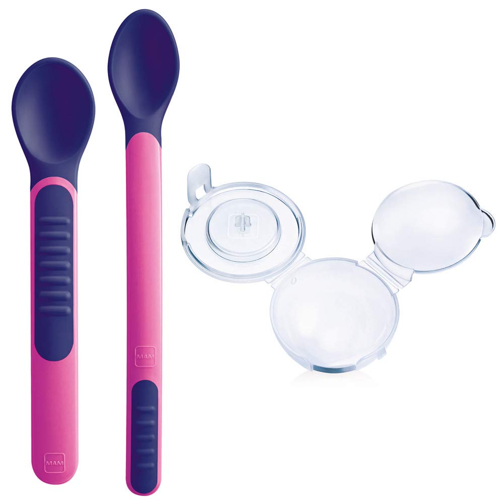MAM Heat Sensitive Spoons & Cover, Weaning Cutlery Set, Colour Changing with Heat - Pink