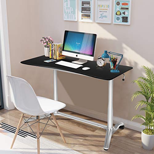 Tangkula Standing Desk Computer Desk, Height Adjustable Sit Stand Desk with Movable Wheels, Portable Writing Study Laptop Table of Iron Pipe Frame, MDF, PVC Tabletop, for Home Office Dorm, Black