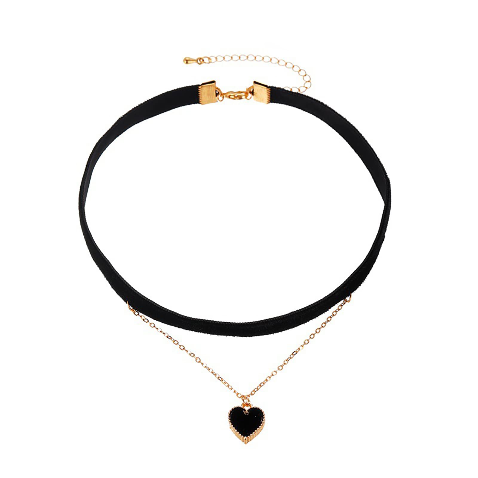 Heart Black Choker Necklace Boho Velvet Love Heart Necklace Chain 2 Layers Jewelry Gold Plated for Women Girls (Black)