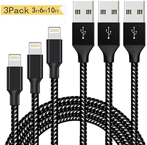 Lightning Cable, MKUHPEX Charger Cables 3Pack 3FT 6FT 10FT to USB Syncing and Charging Cable Data Nylon Braided Cord Charger for iPhone X,8/7 Plus/6/6 Plus/6s/6s Plus/5/5s/5c/SE and more(Black)