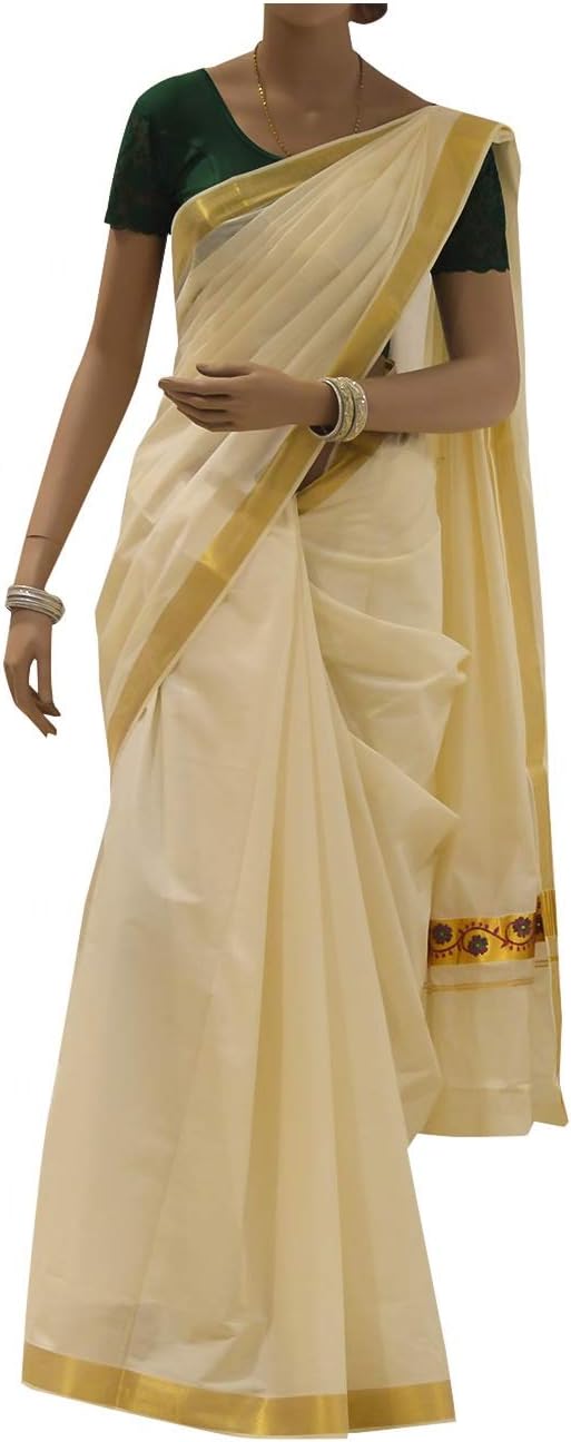 Southloom Kerala Saree with Flower Embroidery on Kasavu Pallu