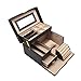 Black Girls Jewelry Box Case Lockable Mirrored Storage Organizer Rings Necklace Faux Leather and Beige Velvet